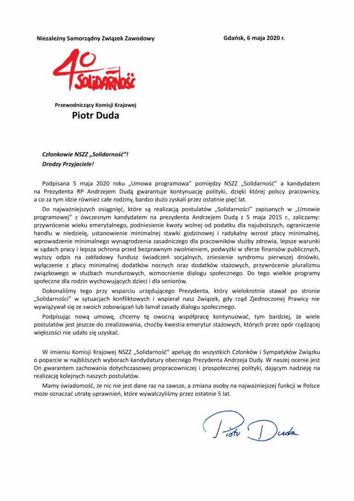 List Piotra Dudy do członków NSZZ Solidarność w sprawie poparcia Andrzeja Dudy w wyborach prezydenckich